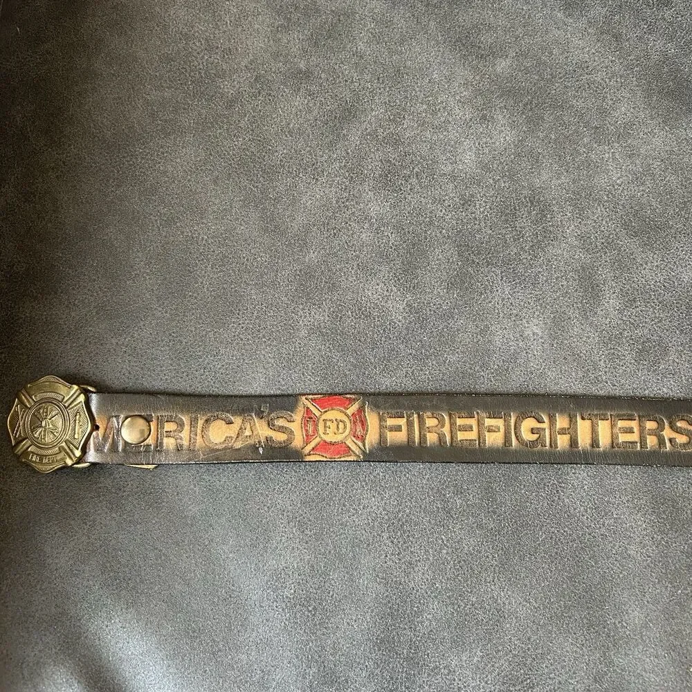 Vtg Americas Firefighters Mens Genuine Leather Belt Gold Buckle Fire Dept READ**